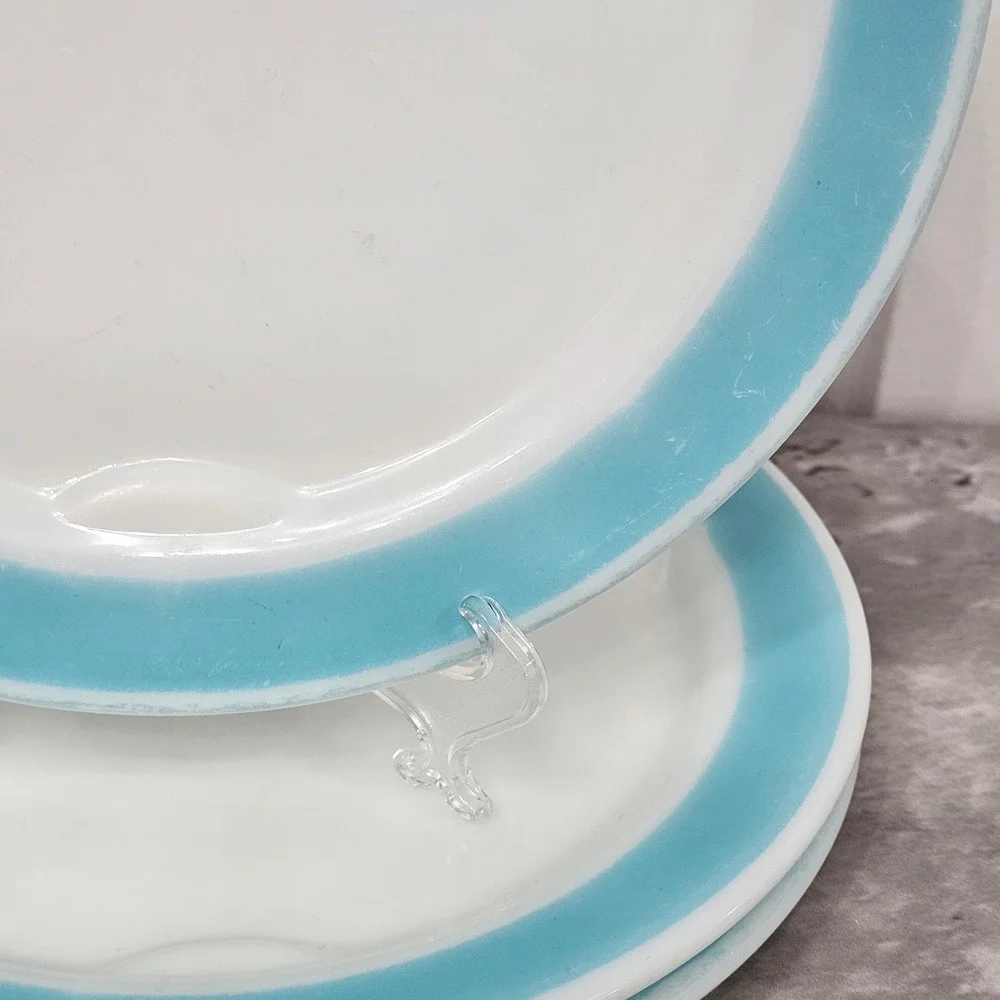 Vintage Corning Milk Glass Divided Grill Plates Turquoise Blue Rim Set of 3 9.5